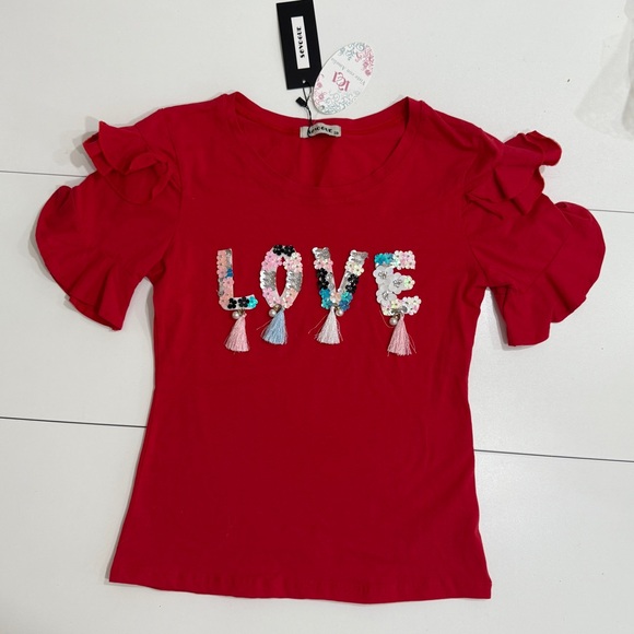 LOVE Red Ruffle Sleeve Tee - Picture 1 of 4